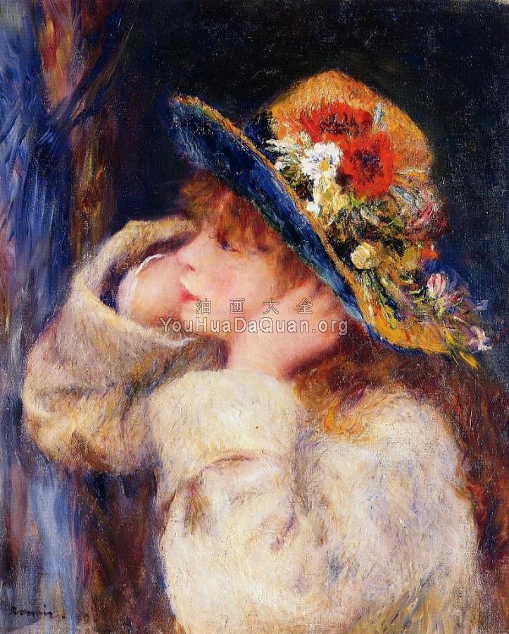 Young Girl in a Hat Decorated with Wildflowers - 皮埃尔·奥古斯特·雷诺阿